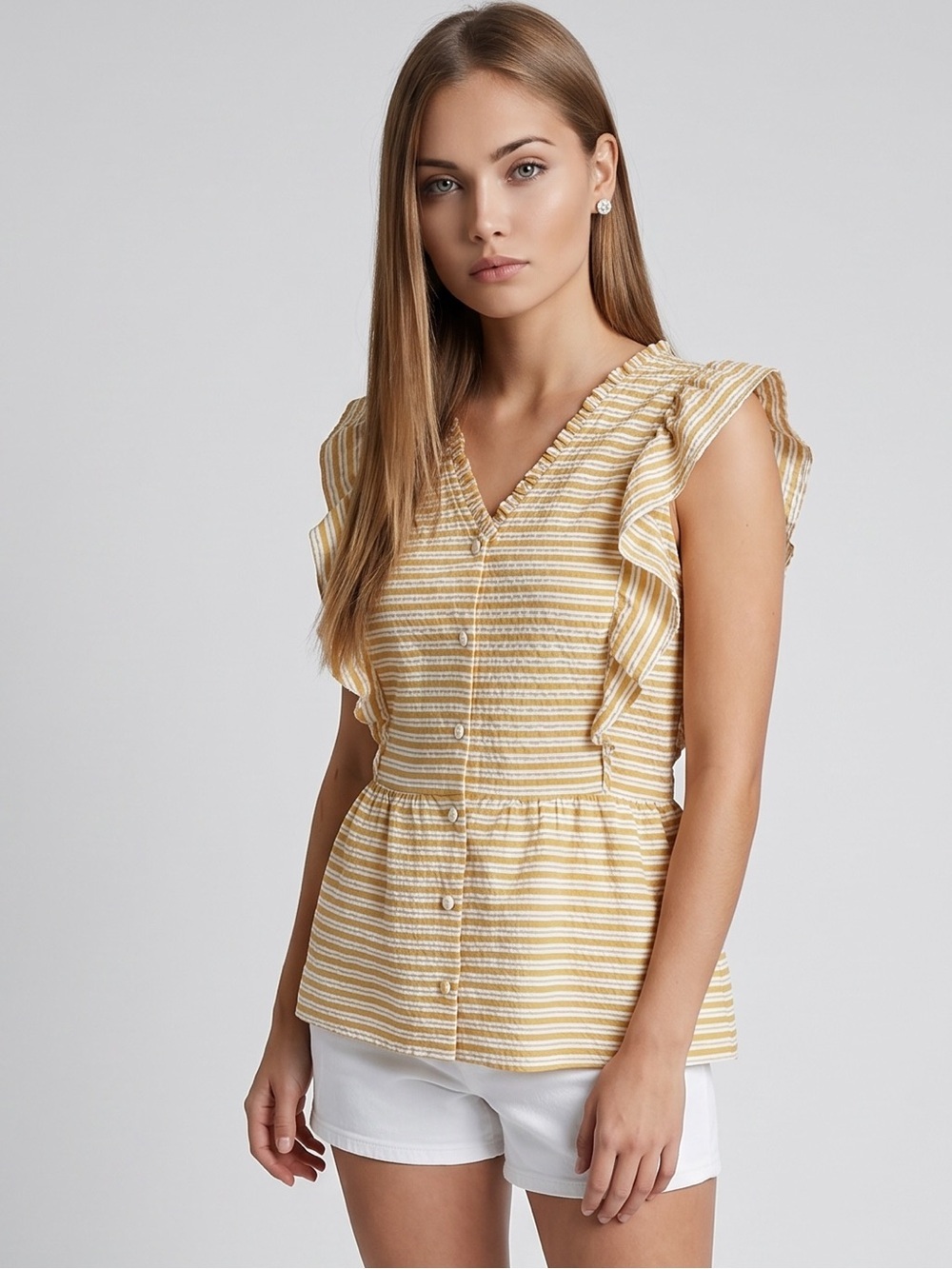 🌻Andree by Unit Ruffle Sleeve Smocked Peplum Blouse Yellow Stripe Top Size L